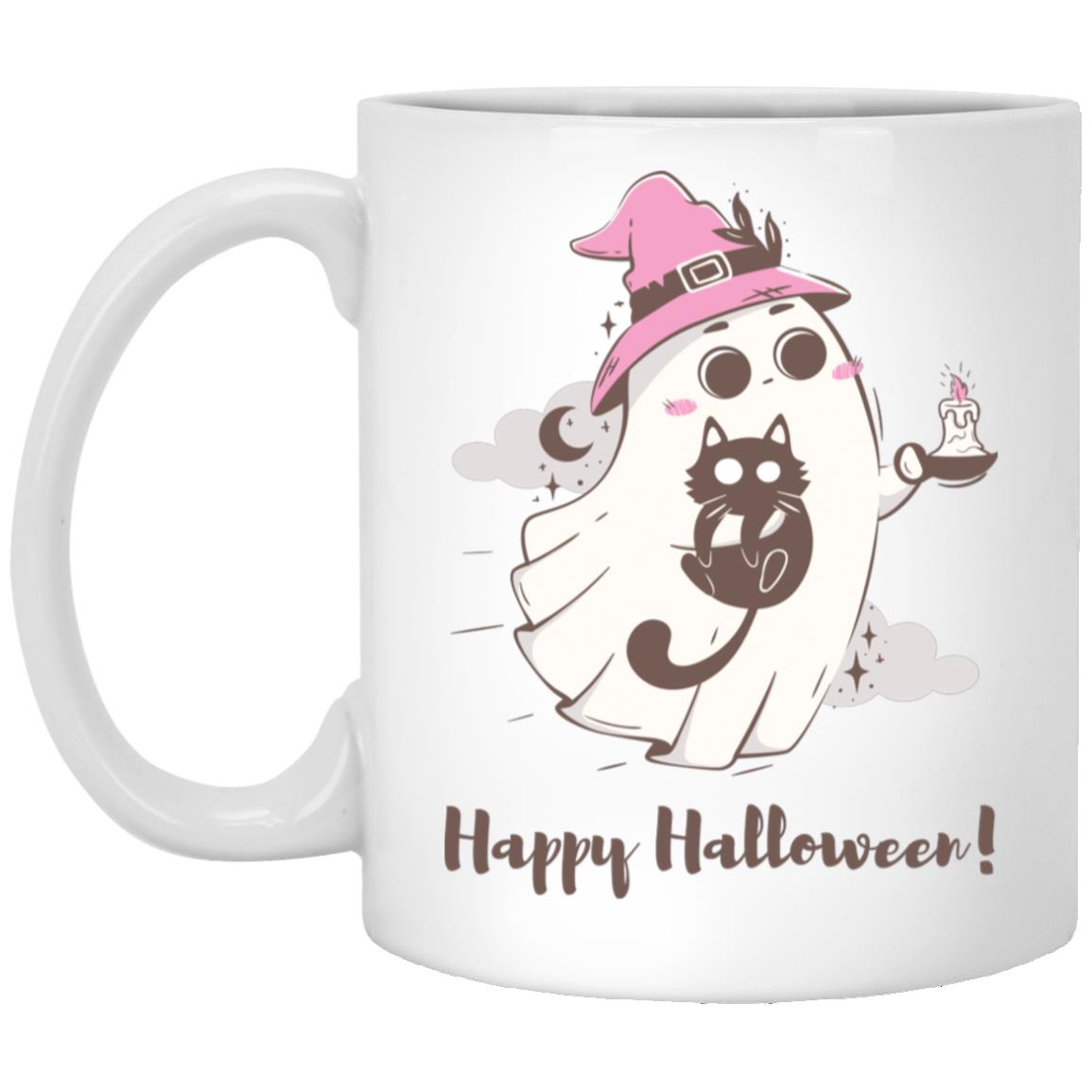 Happy Halloween Ghost with Cat Mug 11oz