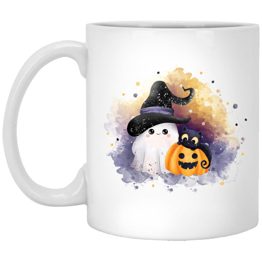 Witchy Ghost with Cat on Pumpkin Mug 11oz